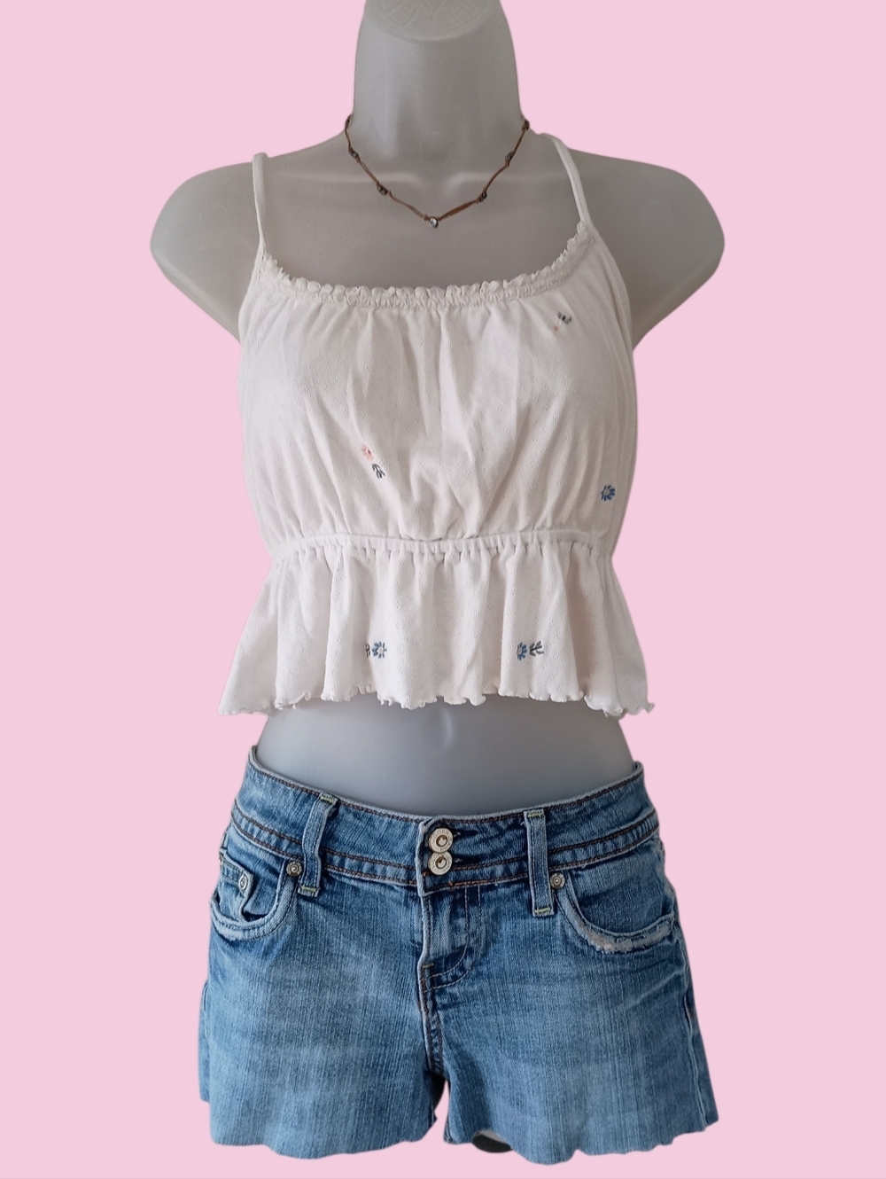 American Eagle Outfitters Boho White Cropped Ruffle-Hem Spaghetti Strap Top-Lrg